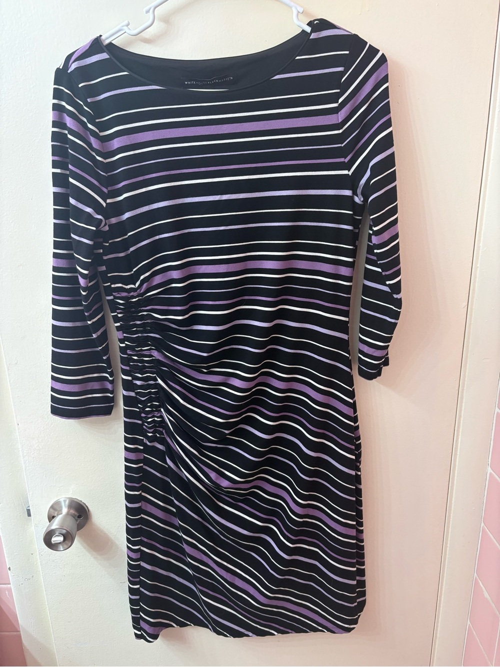 White House Black Market Black & Lavender Striped Ruched Sheath Dress